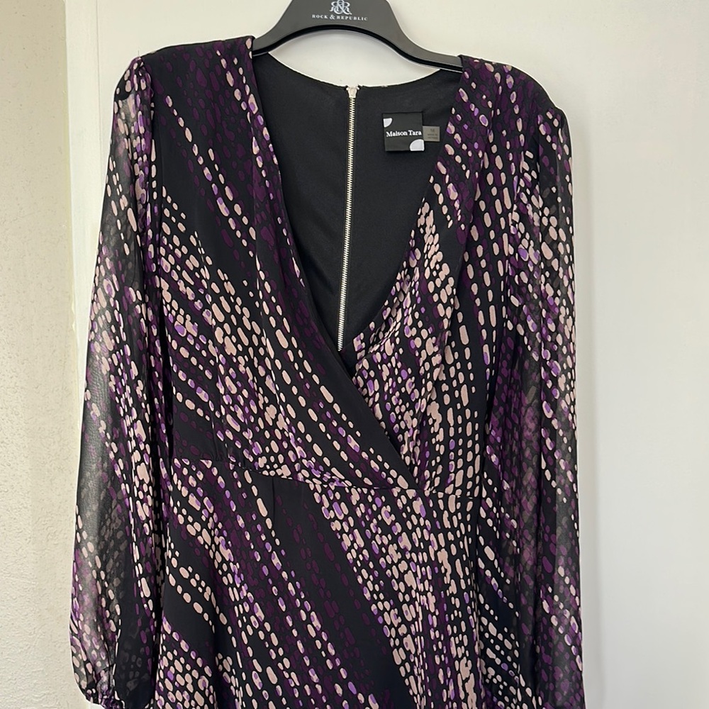 Maison Tara Black and Purple Wrap Sundress with Bishop Sleeves